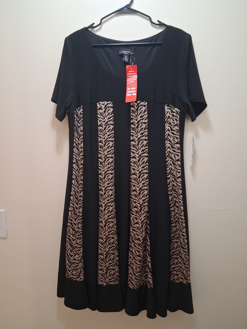 R&M Richards Black Midi Dress with Tan Patterned Vertical Panels